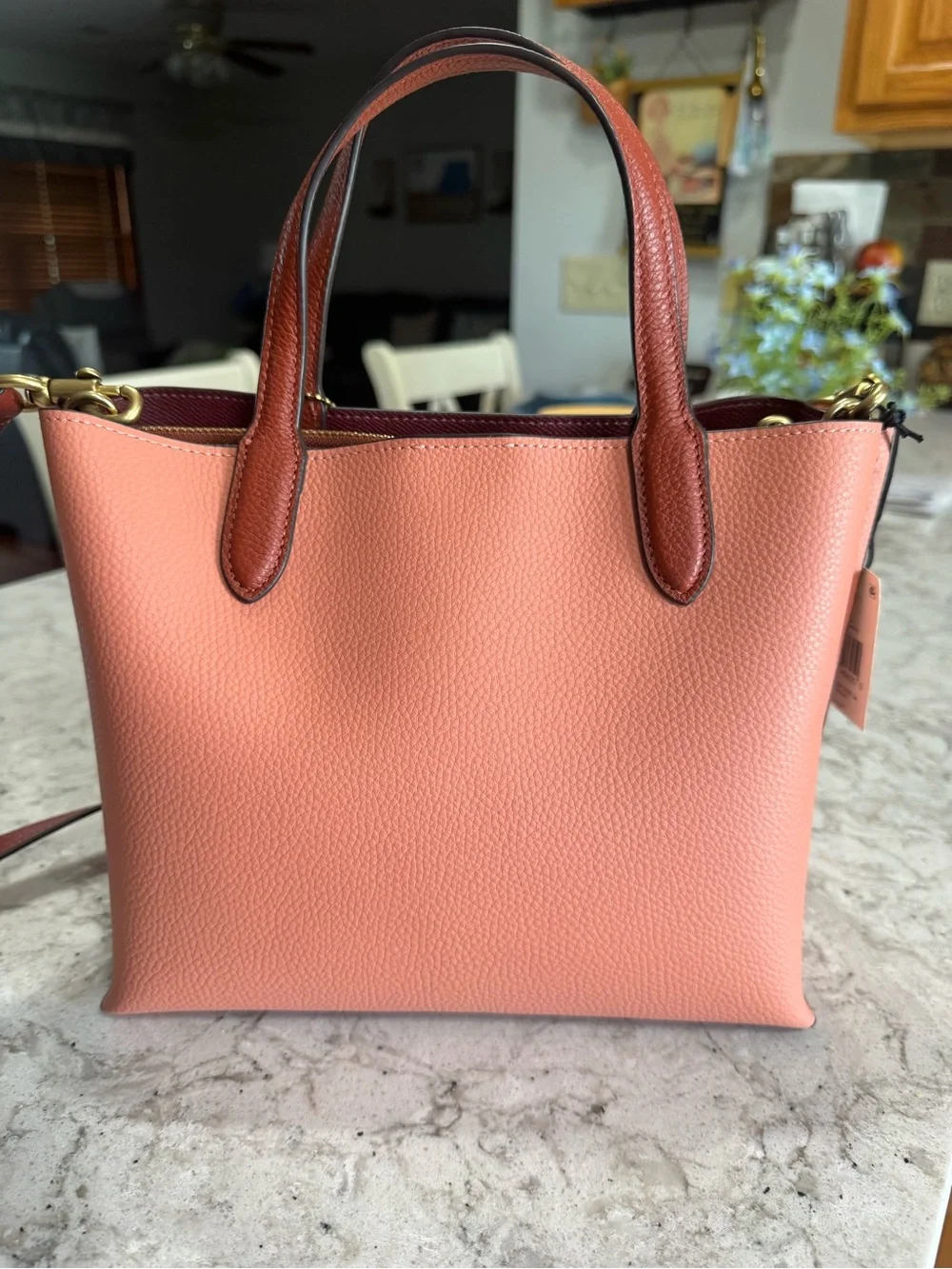Coach Willow 24 Coral Leather Tote with Brown Trim